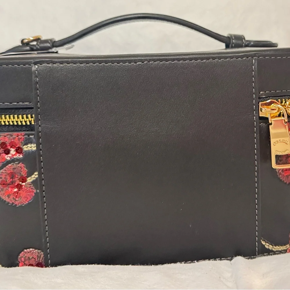 Coach leather cosmetic case black with red cherry's, interior mirror‎ NWT